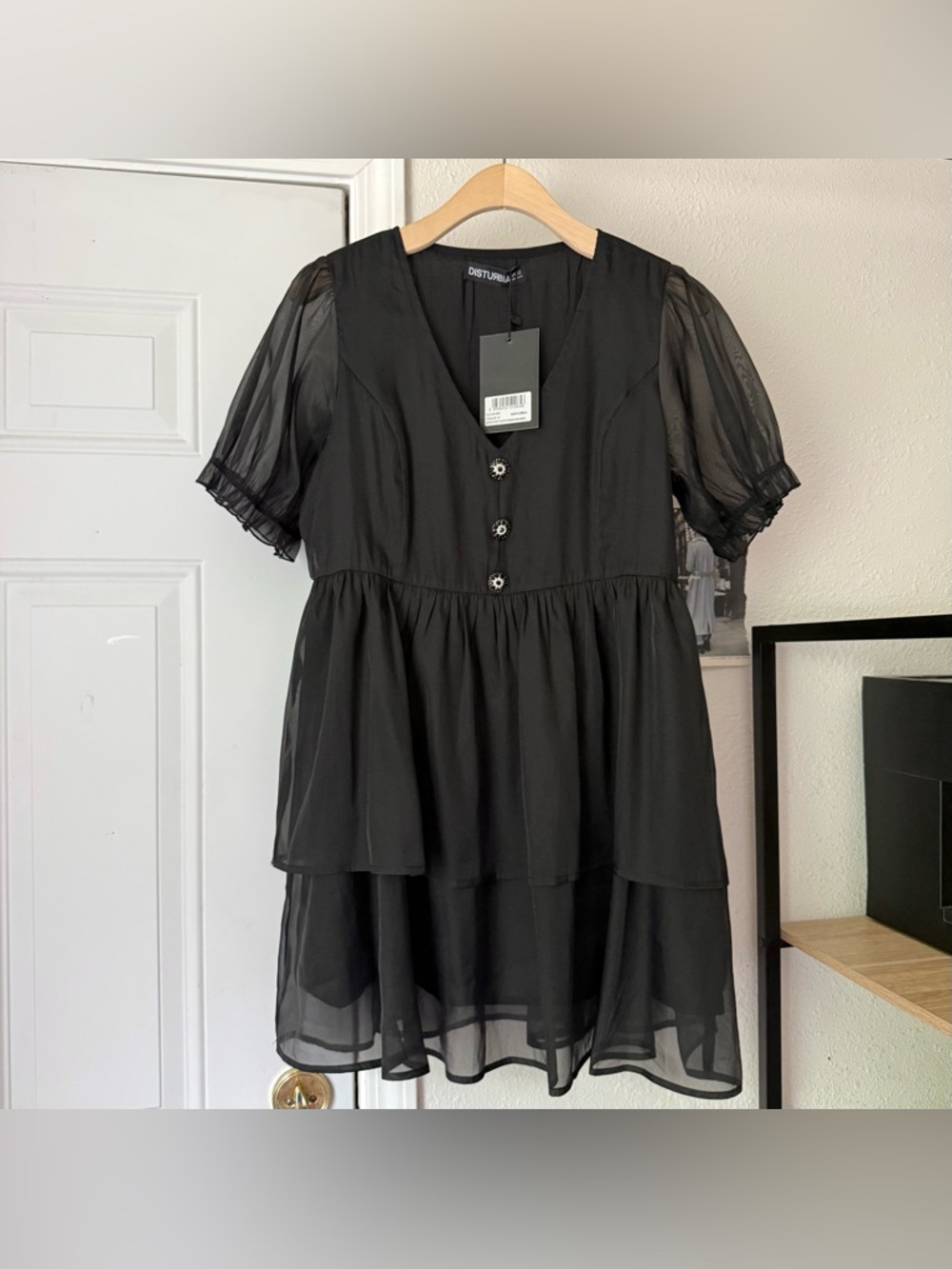 NWT DISTURBIA black organic puff sheer short sleeve babydoll mini ruffle dress